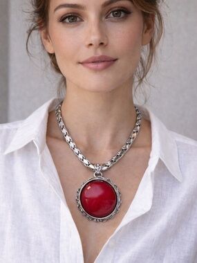 ❤️ Clearance! Stylish Silver Chain Necklace with Red Statement Pendant